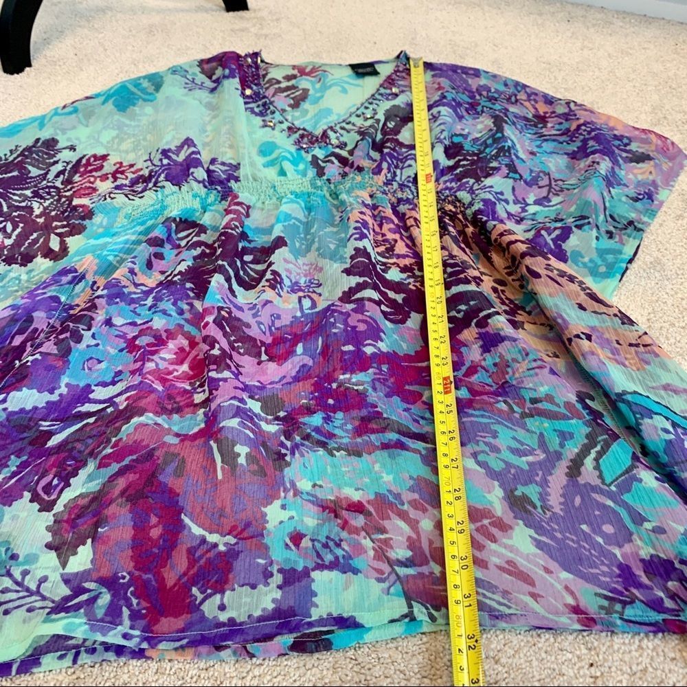 𝅺Tropical chiffon sheer teal blue purple floral beach cover-up blouse sequin SzM - Picture 7 of 10